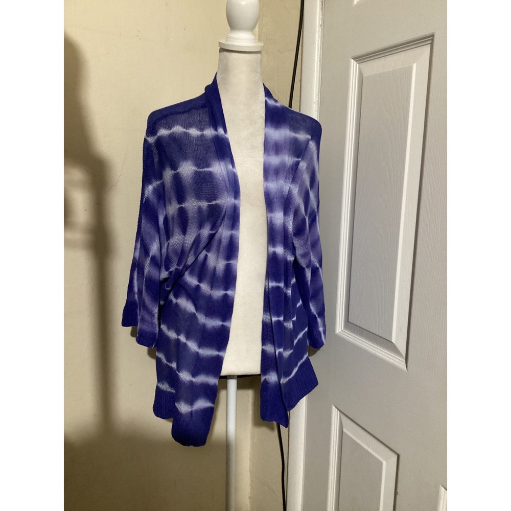 Chico's Purple Tie Dye 100% Linen Open Front Cardigan Sweater Size 1 M